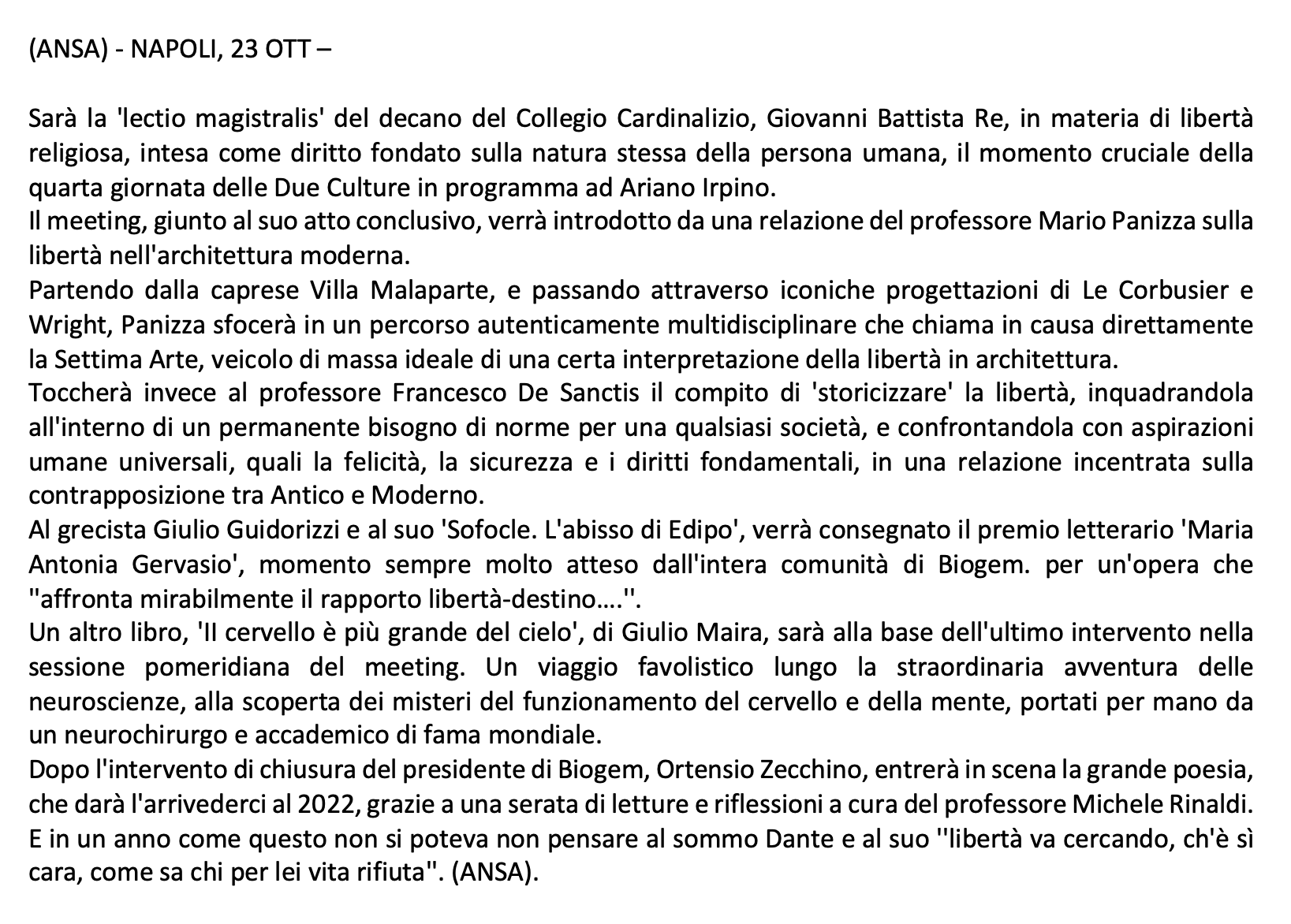 Sarà la 'lectio magistralis' del decano del Collegio ...